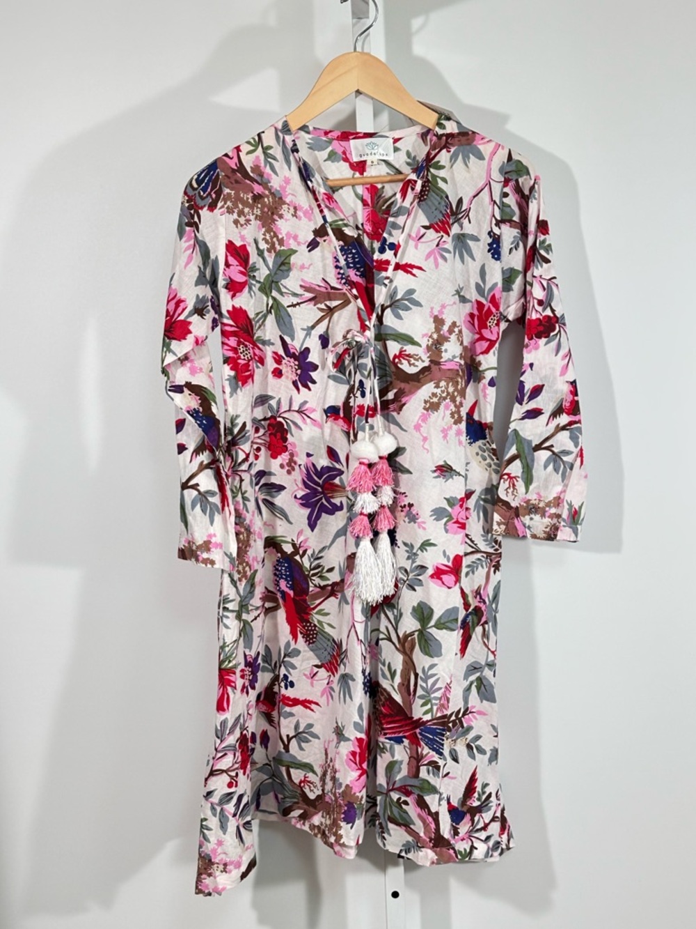 Guadalupe floral bird print mini dress pockets boho cottagecore NWT